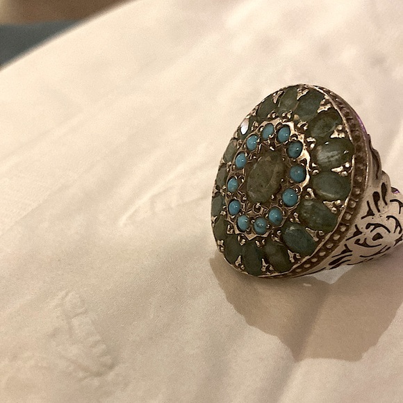 Silver and emerald and turquoise Persian ring for men and woman